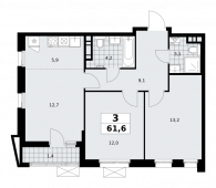 3-комнатная квартира 61,6 м²