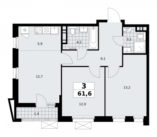 3-комнатная, 61.6 м²