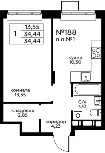1-комнатная, 34.44 м²