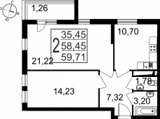 2-комнатная квартира 59,71 м²