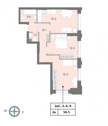 2-комнатная, квартира, 56.6 м²