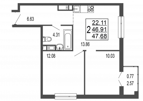 2-комнатная, квартира, 48.48 м²
