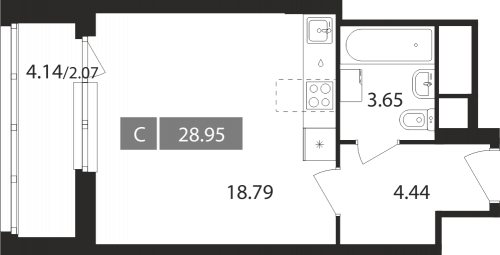 Студия, 28.95 м²