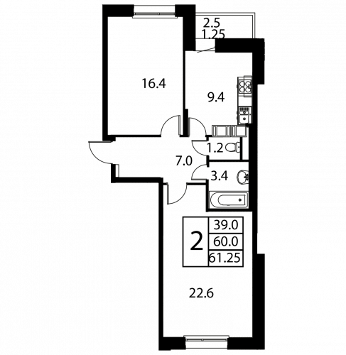 2-комнатная, квартира, 61.25 м²