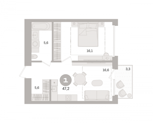1-комнатная, квартира, 47.2 м²