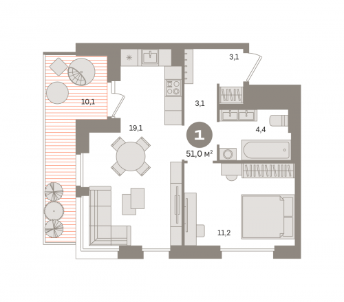 1-комнатная, квартира, 50.97 м²