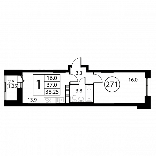 1-комнатная, квартира, 38.25 м²