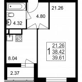 1-комнатная квартира 39,61 м²