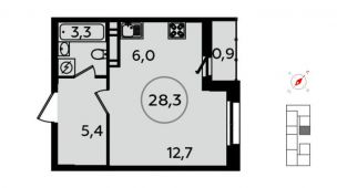 1-комнатная квартира 28,3 м²