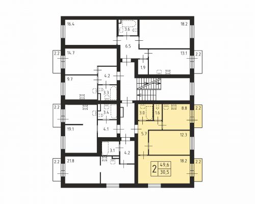 2-комнатная, квартира, 49.6 м²