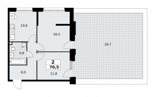 2-комнатная, 70.5 м²