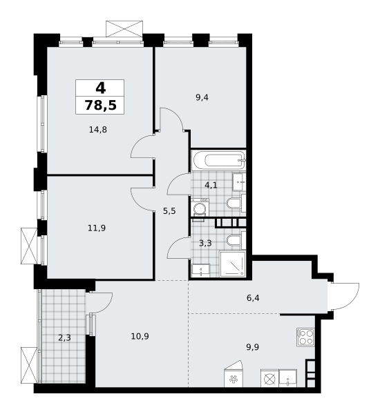 4-комнатная квартира №23К-18.2.6-770, 78,5 м² за 17,38 млн руб. в ЖК «Скандинавия» - планировка