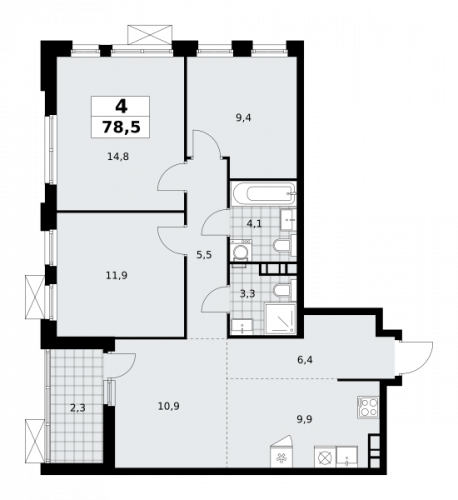 Многокомнатная, 78.5 м²