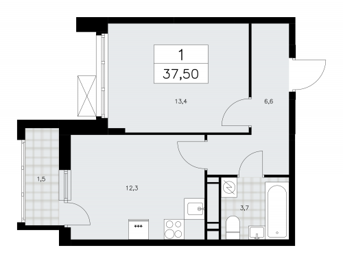 1-комнатная, 37.5 м²