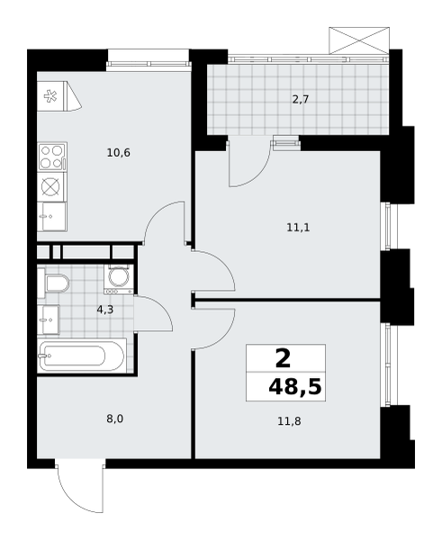 2-комнатная квартира №58К-7.1.4-654, 48,5 м² за 14,26 млн руб. в ЖК «Прокшино» - планировка
