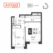 1-комнатная квартира 36 м²