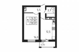 1-комнатная квартира 38,69 м²