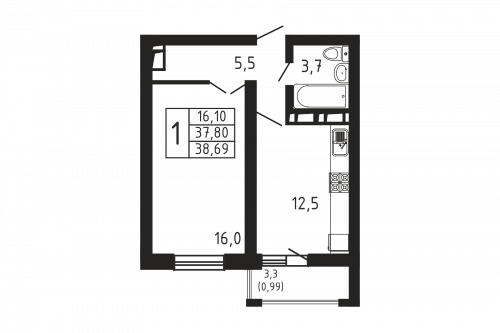 1-комнатная, квартира, 38.69 м²