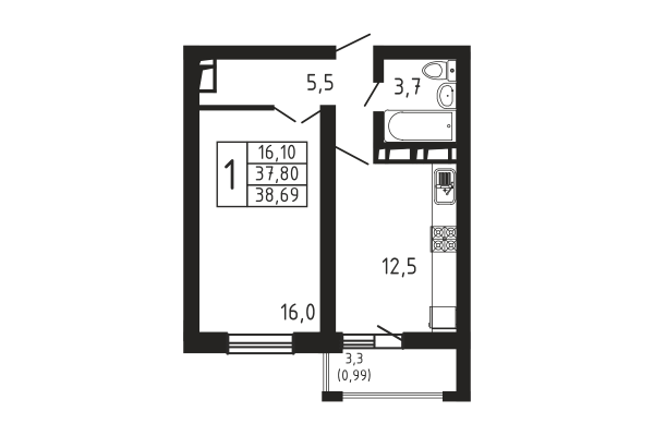 1-комнатная, квартира, 38.69 м²