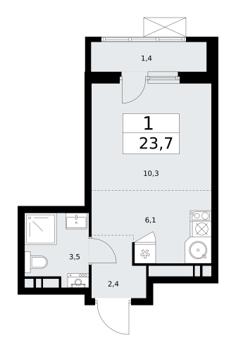 1-комнатная, 23.7 м²