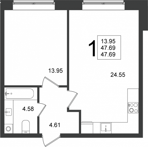 1-комнатная, квартира, 47.69 м²