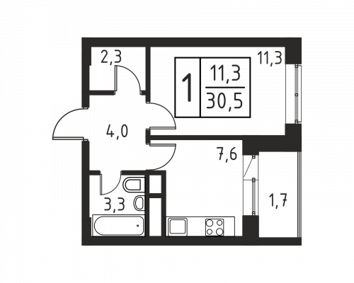 1-комнатная, квартира, 28.8 м²