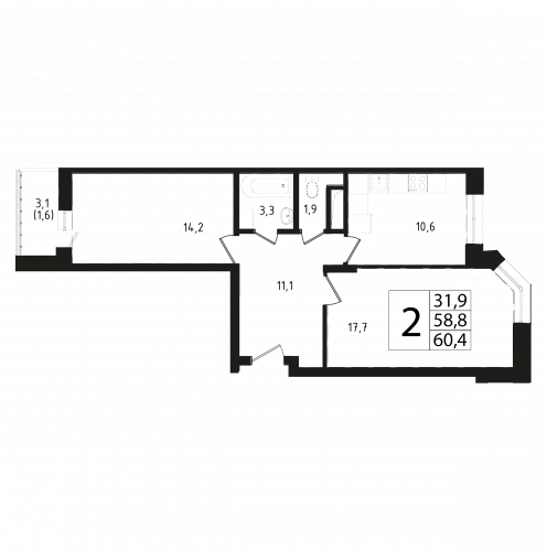 2-комнатная, квартира, 58.7 м²