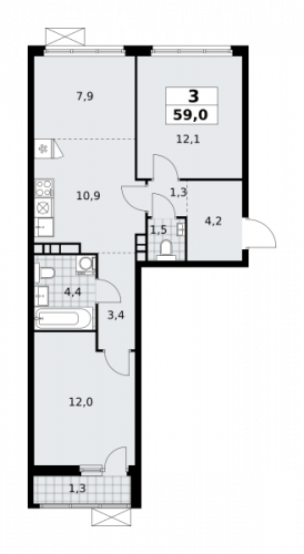 3-комнатная, 59 м²