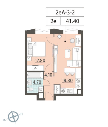 1-комнатная, квартира, 41.4 м²