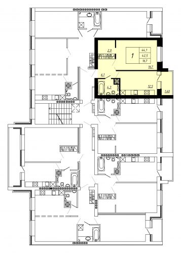 1-комнатная, квартира, 42.5 м²