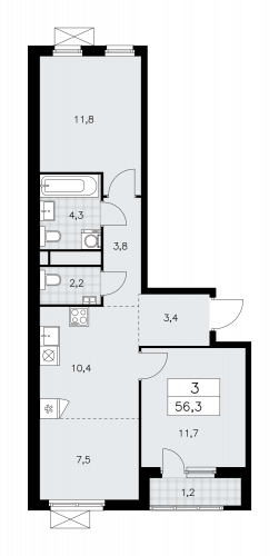 3-комнатная, 56.3 м²
