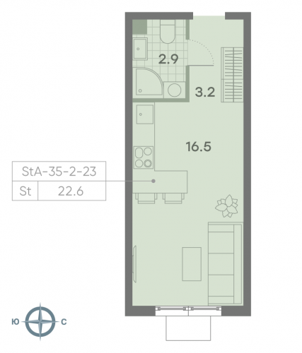 Студия, 22.6 м²