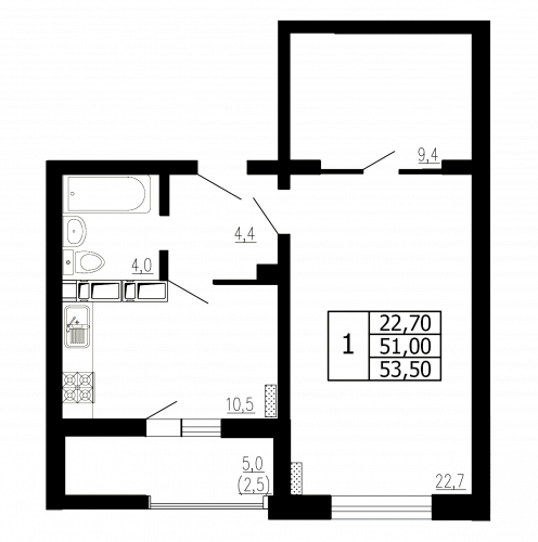 1-комнатная, квартира, 53.5 м²