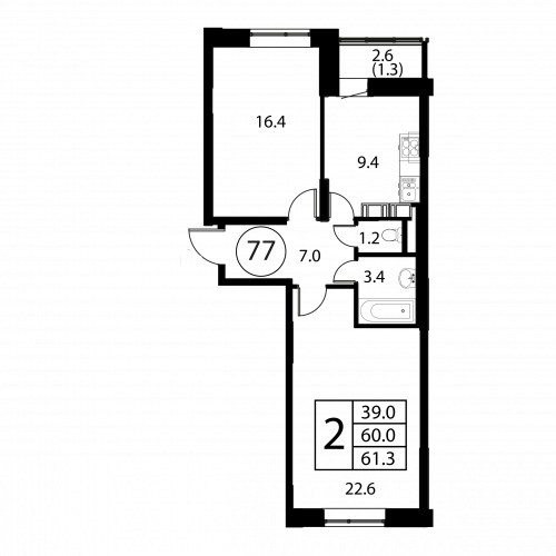 2-комнатная, квартира, 61.3 м²