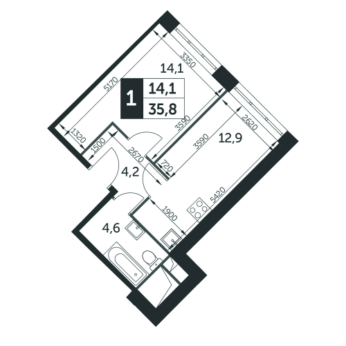 1-комнатная, квартира, 35.8 м²