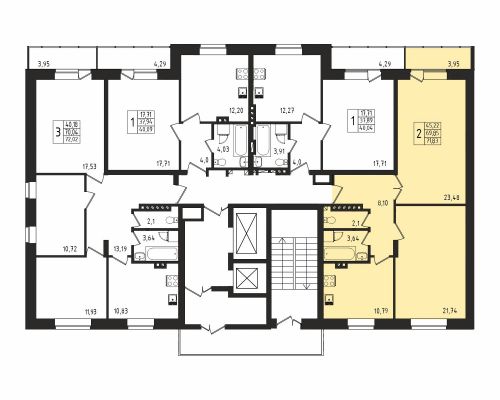 2-комнатная, квартира, 70.1 м²