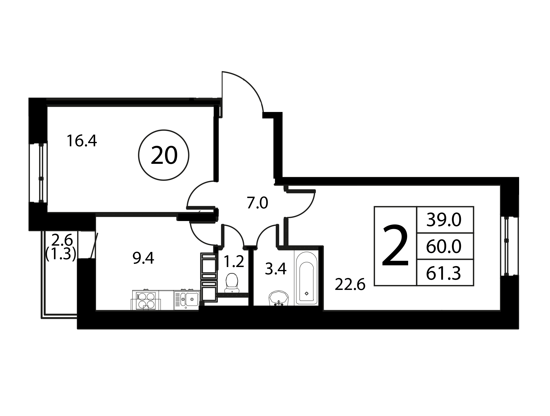 2-комнатная квартира №20, 61,3 м² за 8,86 млн руб. в ЖК «Космос» - планировка