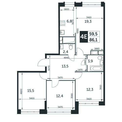 Многокомнатная, квартира, 86.1 м²