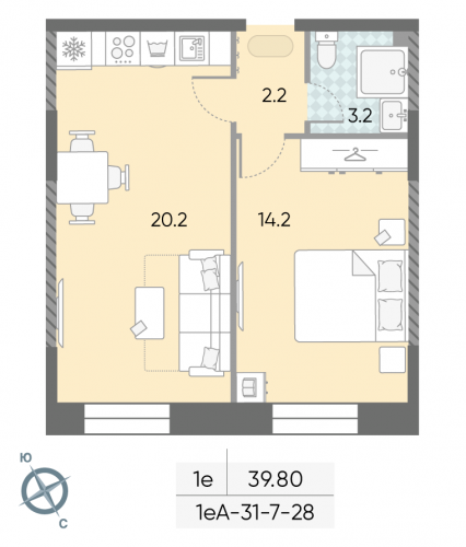 1-комнатная, 39.8 м²