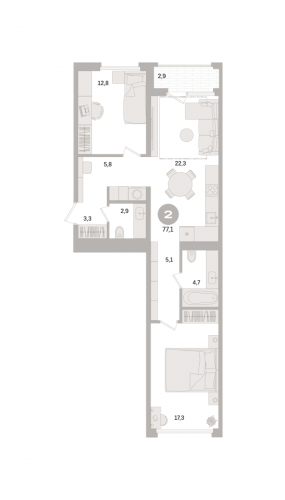 2-комнатная, квартира, 77.1 м²