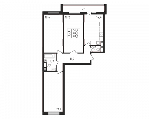 3-комнатная, квартира, 89.6 м²