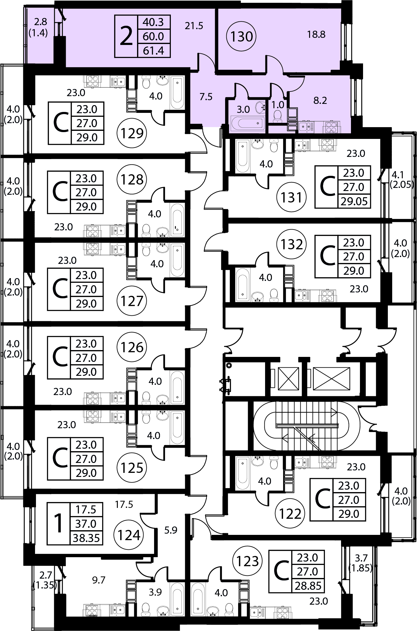2-комнатная квартира №130, 61,4 м² за 8,75 млн руб. в ЖК «Космос» - планировка