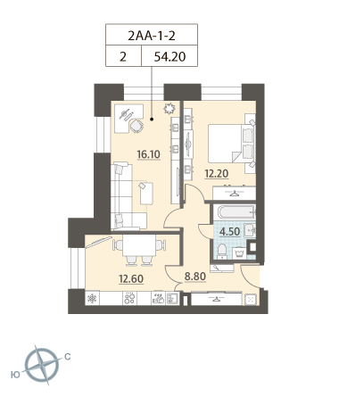 2-комнатная, квартира, 54.2 м²