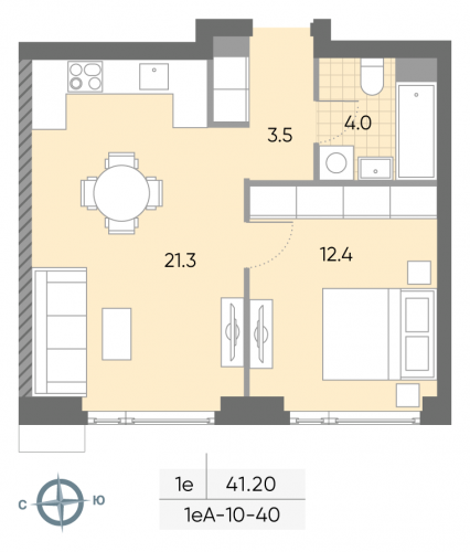 1-комнатная, квартира, 41.2 м²