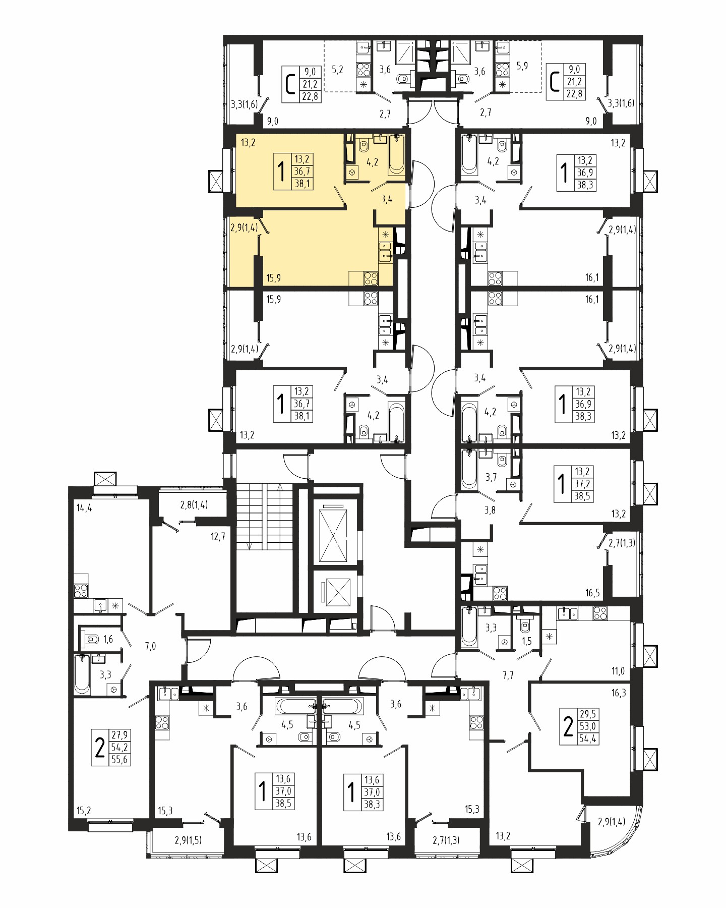 1-комнатная квартира №208, 38,1 м² за 6,25 млн руб. в ЖК «Берег» 2 очередь - планировка