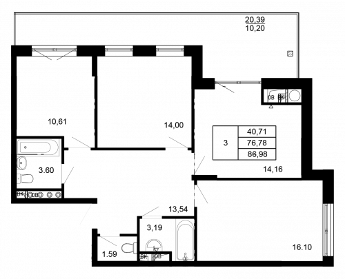 3-комнатная, квартира, 86.98 м²
