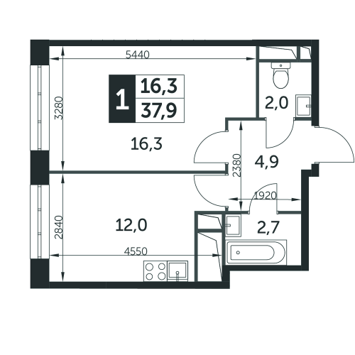 1-комнатная, квартира, 37.9 м²