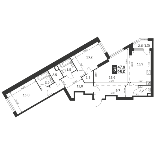 3-комнатная, квартира, 98 м²