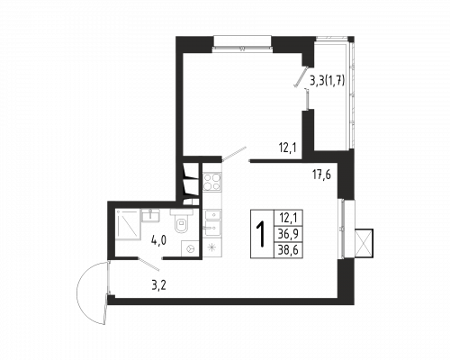 1-комнатная, квартира, 38.6 м²