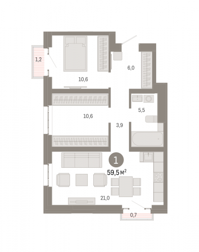 2-комнатная, квартира, 59.5 м²